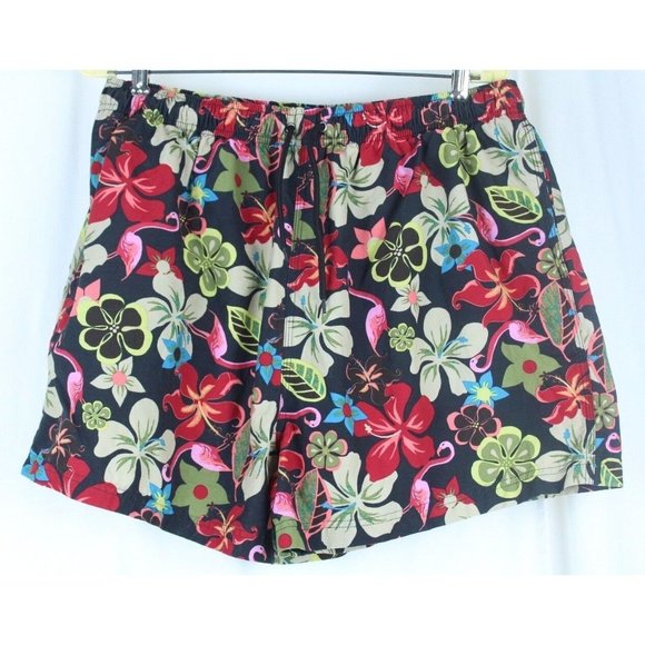 Pink Flamingo Hawaiian Floral Size XL Swim Shorts Trunks Mesh Lining Cotton Blnd